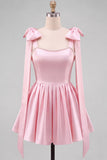 Butter Yellow A-Line Satin Pearl Trim Mini Homecoming Dress with Bow Tie Shoulder Straps