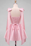 Butter Yellow A-Line Satin Pearl Trim Mini Homecoming Dress with Bow Tie Shoulder Straps