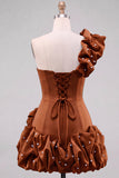 Espresso One Shoulder Ruffled Pearl Short Homecoming Dress with Ruffle Hem