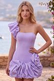 Espresso One Shoulder Ruffled Pearl Short Homecoming Dress with Ruffle Hem