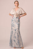 Sparkly Champagne Mermaid Sequins Floral Long Mother Of the Bride Dress with Cape