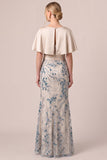 Sparkly Champagne Mermaid Sequins Floral Long Mother Of the Bride Dress with Cape
