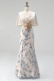Sparkly Champagne Mermaid Sequins Floral Long Mother Of the Bride Dress with Cape