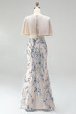 Sparkly Champagne Mermaid Sequins Floral Long Mother Of the Bride Dress with Cape