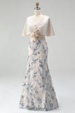 Sparkly Champagne Mermaid Sequins Floral Long Mother Of the Bride Dress with Cape