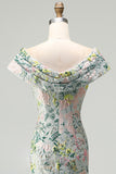 Off the Shoulder Green Floral Jacquard Sheath Long Mother of the Bride Dress with Slit
