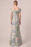 Off the Shoulder Green Floral Jacquard Sheath Long Mother of the Bride Dress with Slit