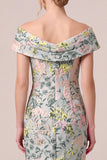 Off the Shoulder Green Floral Jacquard Sheath Long Mother of the Bride Dress with Slit