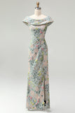 Off the Shoulder Green Floral Jacquard Sheath Long Mother of the Bride Dress with Slit