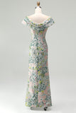Off the Shoulder Green Floral Jacquard Sheath Long Mother of the Bride Dress with Slit