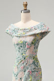 Off the Shoulder Green Floral Jacquard Sheath Long Mother of the Bride Dress with Slit