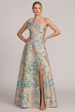 Green Asymmetrical One Shoulder Floral Jacquard A-Line Bow Long Mother of the Bride Dress with Slit