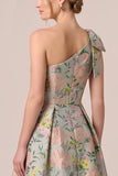 Green Asymmetrical One Shoulder Floral Jacquard A-Line Bow Long Mother of the Bride Dress with Slit