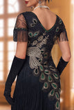 Vintage Black Fringed Bodycon Short 1920 Flapper Dress with Beading