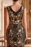 Vintage Black Golden Fringed Floral Sequins Great Gatsby Party Dress with Beading