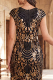 Black Golden Vintage Fringed Cap Sleeves Sequins 1920s Flapper Dress with Beading