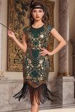 Black Golden Vintage Fringed Cap Sleeves Sequins 1920s Flapper Dress with Beading