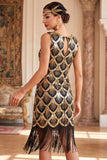 Black Golden Sequins Vintage Fringed Short 1920s Flapper Dress