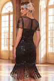 Sparkly Black Golden Bodycon Sequins Short Great Gatsby Party Dress with Fringes