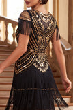 Vintage Black Golden Fringed Sequins 1920s Flapper Dress with Cap Sleeves