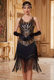 Vintage Black Golden Sequins Sleeveless 1920s Flapper Dress with Fringes