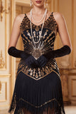 Vintage Black Golden Sequins Sleeveless 1920s Flapper Dress with Fringes