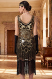 Sparkly Black Golden Sequins Bodycon Scoop Neck 1920s Flapper Dress with Fringes
