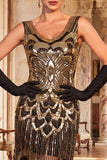 Sparkly Black Golden Sequins Bodycon Scoop Neck 1920s Flapper Dress with Fringes