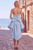 Black Strapless A Line Bubble Hem Homecoming Dress with Back Bow