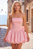 Black Strapless A Line Bubble Hem Homecoming Dress with Back Bow