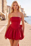 Black Strapless A Line Bubble Hem Homecoming Dress with Back Bow