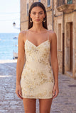 Apricot Bodycon Spaghetti Straps Beaded Short Homecoming Dress with Sequins