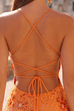 Apricot Bodycon Spaghetti Straps Beaded Short Homecoming Dress with Sequins
