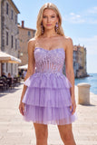 Fuchsia A Line Corset Strapless Tiered Homecoming Dress with Lace Appliques
