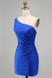 Royal Blue One Shoulder Pearls Ruched Bodycon Short Homecoming Dress with Beading