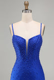 Royal Blue Pearls Corset Bodycon Short Homecoming Dress with Beading
