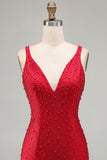 Sparkly Red Bodycon V-Neck Beaded Pearls Short Homecoming Dress