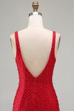 Sparkly Red Bodycon V-Neck Beaded Pearls Short Homecoming Dress