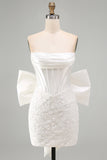 White Corset Lace Bodycon Strapless Short Homecoming Dress with Big Bow