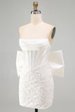 White Corset Lace Bodycon Strapless Short Homecoming Dress with Big Bow