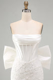 White Corset Lace Bodycon Strapless Short Homecoming Dress with Big Bow