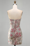 Pink Flower Jacquard Corset Bodycon Sequins Strapless Short Homecoming Dress