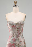 Pink Flower Jacquard Corset Bodycon Sequins Strapless Short Homecoming Dress