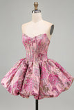 Red Flower Corset Jacquard A-Line Strapless Short Homecoming Dress with Bubble Hem