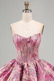 Red Flower Corset Jacquard A-Line Strapless Short Homecoming Dress with Bubble Hem