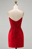 Red Bodycon Strapless Beaded Sequin Corset Short Homecoming Dress with Lace