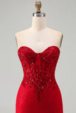 Red Bodycon Strapless Beaded Sequin Corset Short Homecoming Dress with Lace