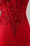 Red Bodycon Strapless Beaded Sequin Corset Short Homecoming Dress with Lace
