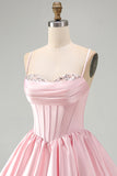 Pink A-Line Corset Satin Sequins Short Homecoming Dress with Bubble Hem