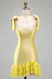 Yellow Satin Tiered Ruffled Hem Pearls Beaded Short Homecoming Dress with Bow Straps